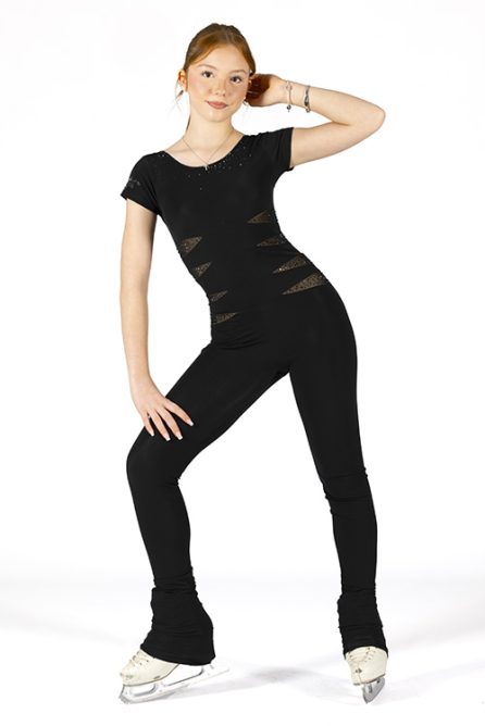 Black ice figure skating jumpsuit with micro mesh inserts and rhinestones decoration