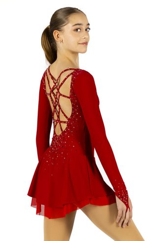 Elegant red dress for figure skating competition with crisscrosses on the back