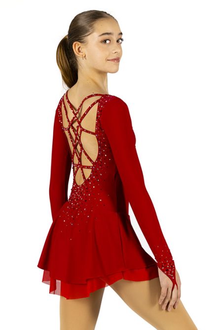 Elegant red dress for figure skating competition with crisscrosses on the back