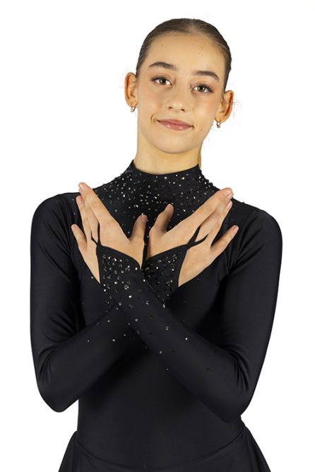 Elegant beaded black dress for figure skating competition made in Italy by Logos