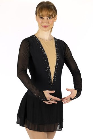 Black beaded dress for figure skating with deep V neckline, long micromesh sleeves and double layer wide skirt