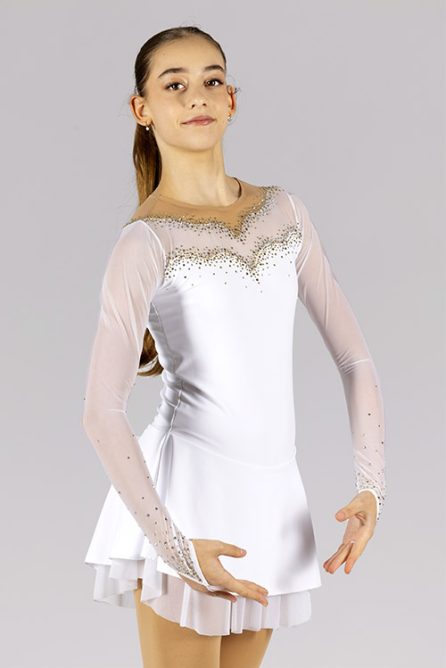 Elegant white figure skating dress with sparkling rhinestones for girls or adult women